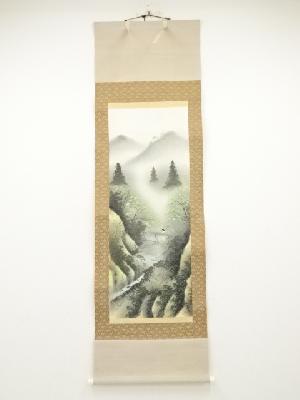 玉泉筆　山水　肉筆絹本掛軸（保護箱）